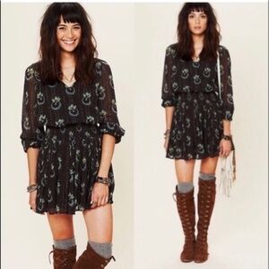 Free People Wild Horses Peacock Print Smocked Peasant Mini Dress Black XS